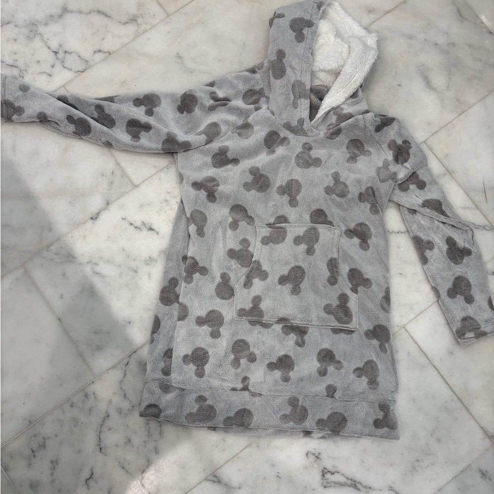 Disney Gray Plush Hooded Pullover with Dark Gray Mickey Silhouettes